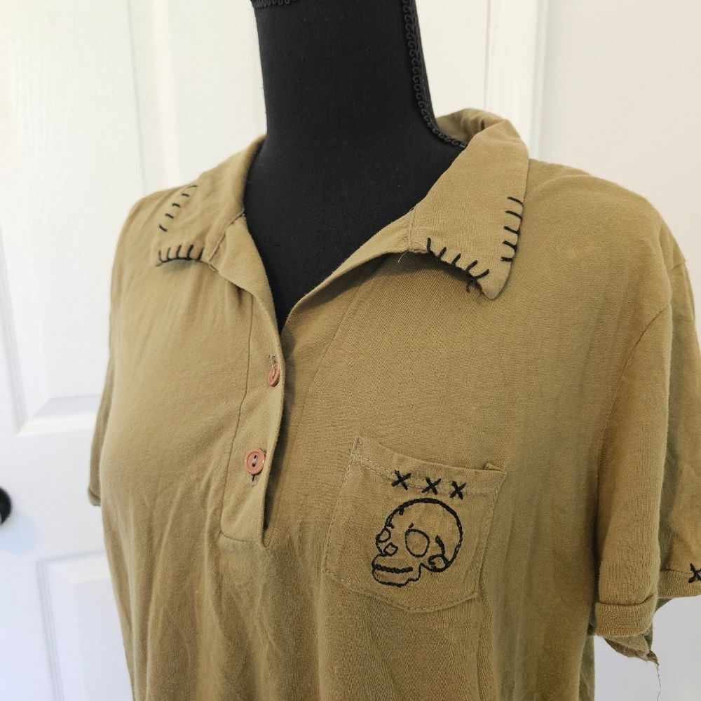 Vintage Morbid Threads Olive Green Button-Down Skull Pocket Polo